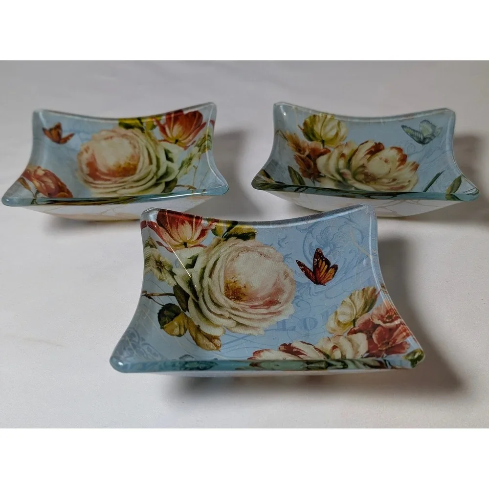 Set of 3 Lisa Audit Glass Trinket Dishes Floral Bird Butterfly Square Blue